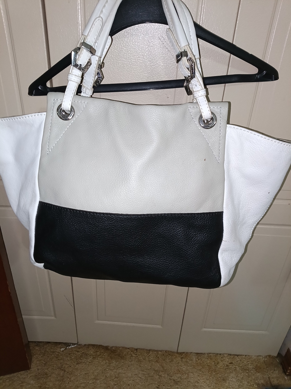 Two-Tone White and Black Leather Tote Bag